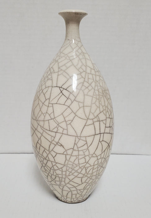 Bottle Form Raku Pottery with White Crackle Glaze by Bob Smith