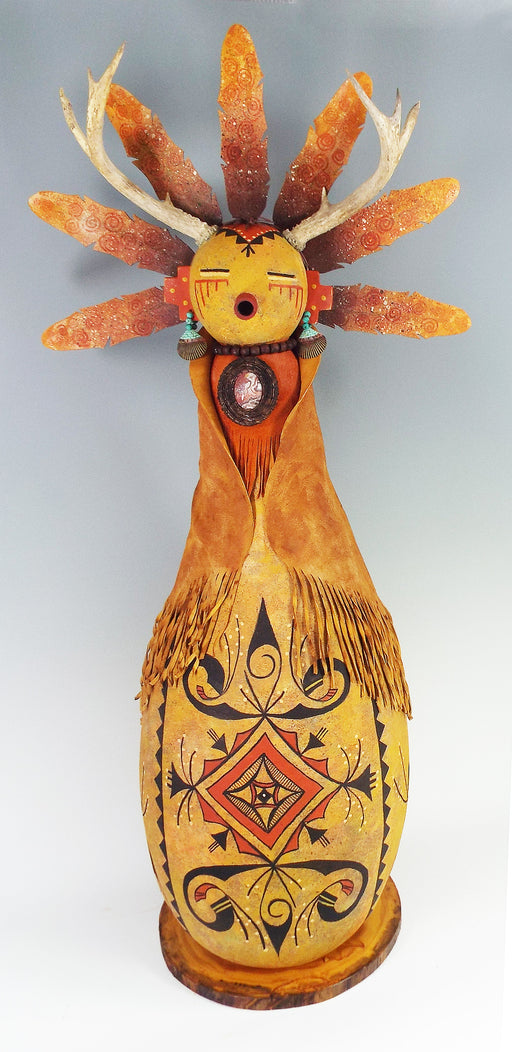 Photo of Gourd Art "Ben" 41" tall with Antlers and feathers