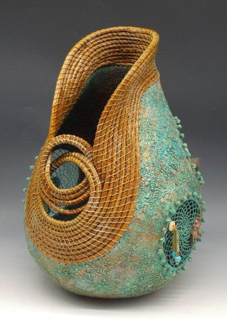 Gourd sculpture with pine needle weaving and dreamcatchers