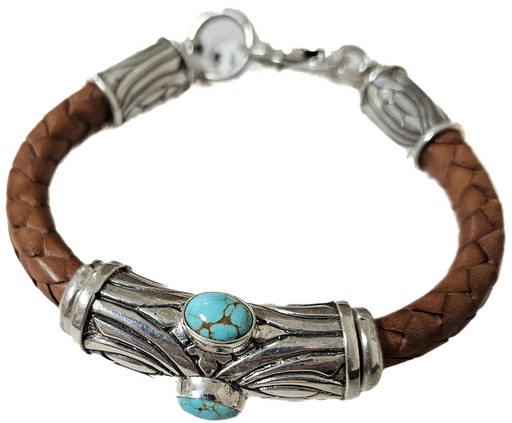 Photo of Silver, Turquoise and Brown Leather Bracelet by Shreve Saville