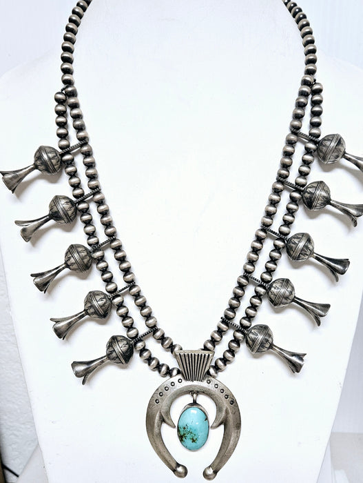 SWS2400 Oxidized Silver Beads with traditional squash blossoms Necklace