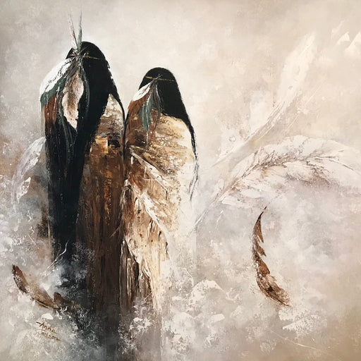 Photo of "Good Spirits" 48x48" painting depicting 2 native American figures