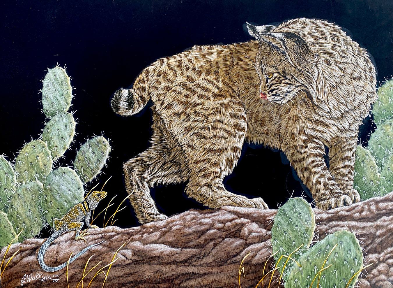 Photo of scratchboard painting by Joe Watkins