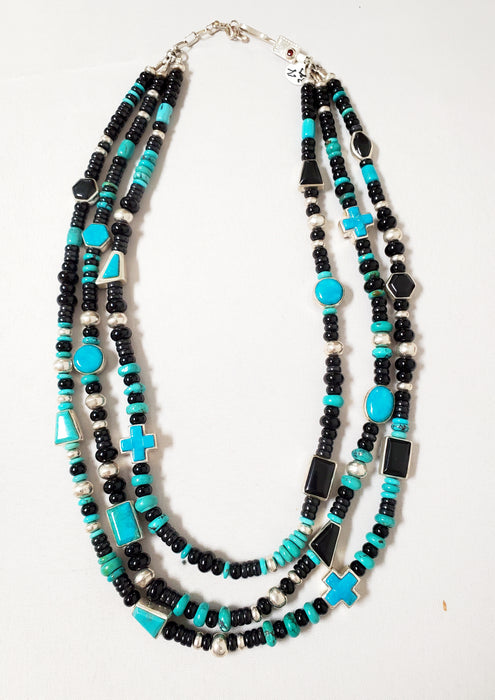 Photo of three strand turquoise, Sterling Silver and Black Jade Bead Necklace by Christin Wolf
