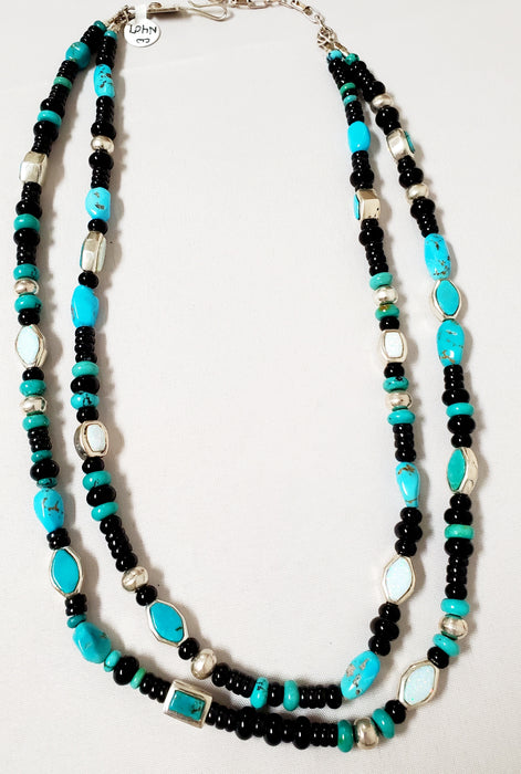 Photo of 2 Strand Necklace of Mixed Turquoise, Black Jade and Opal by Christin Wolf