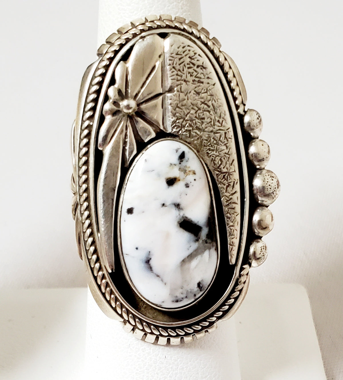 CWR179 White Buffalo Ring with detailed silver work, twist wire and sa ...