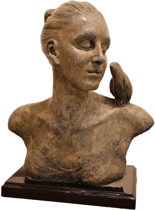 Photo of bronze sculpture of a woman and bird by Carol Ruff Franza