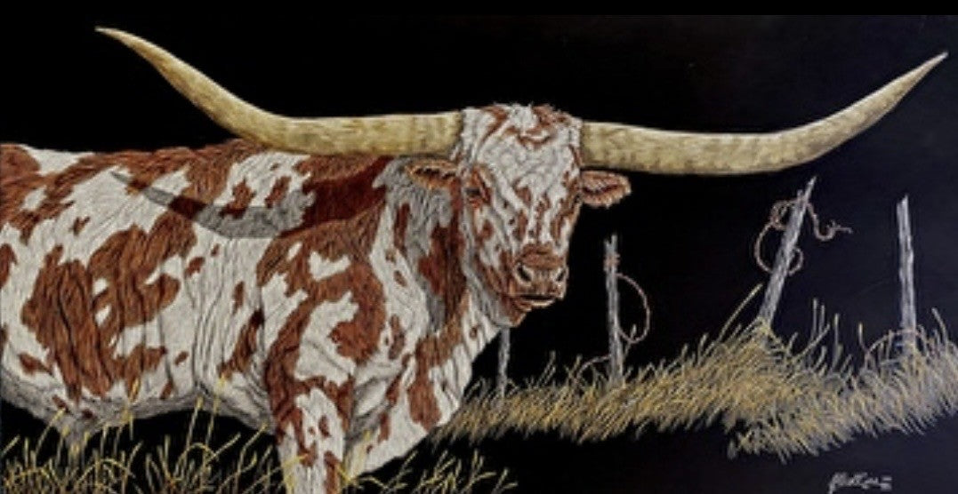 Photo of scratchboard painting by Joe Watkins