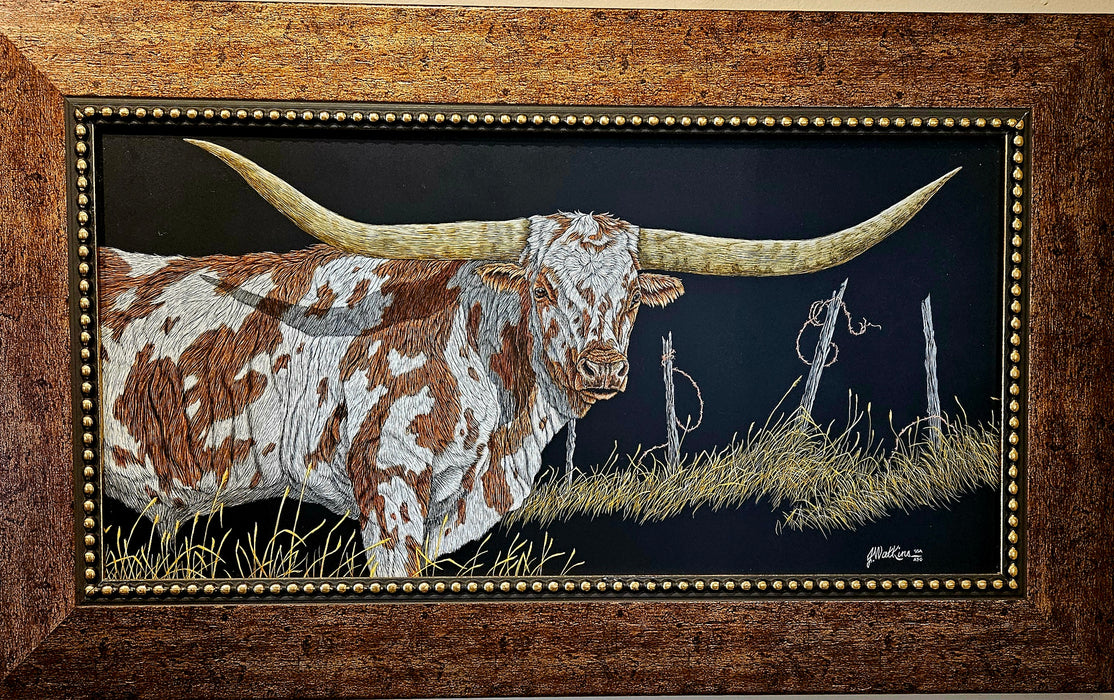 Photo of scratchboard painting by Joe Watkins